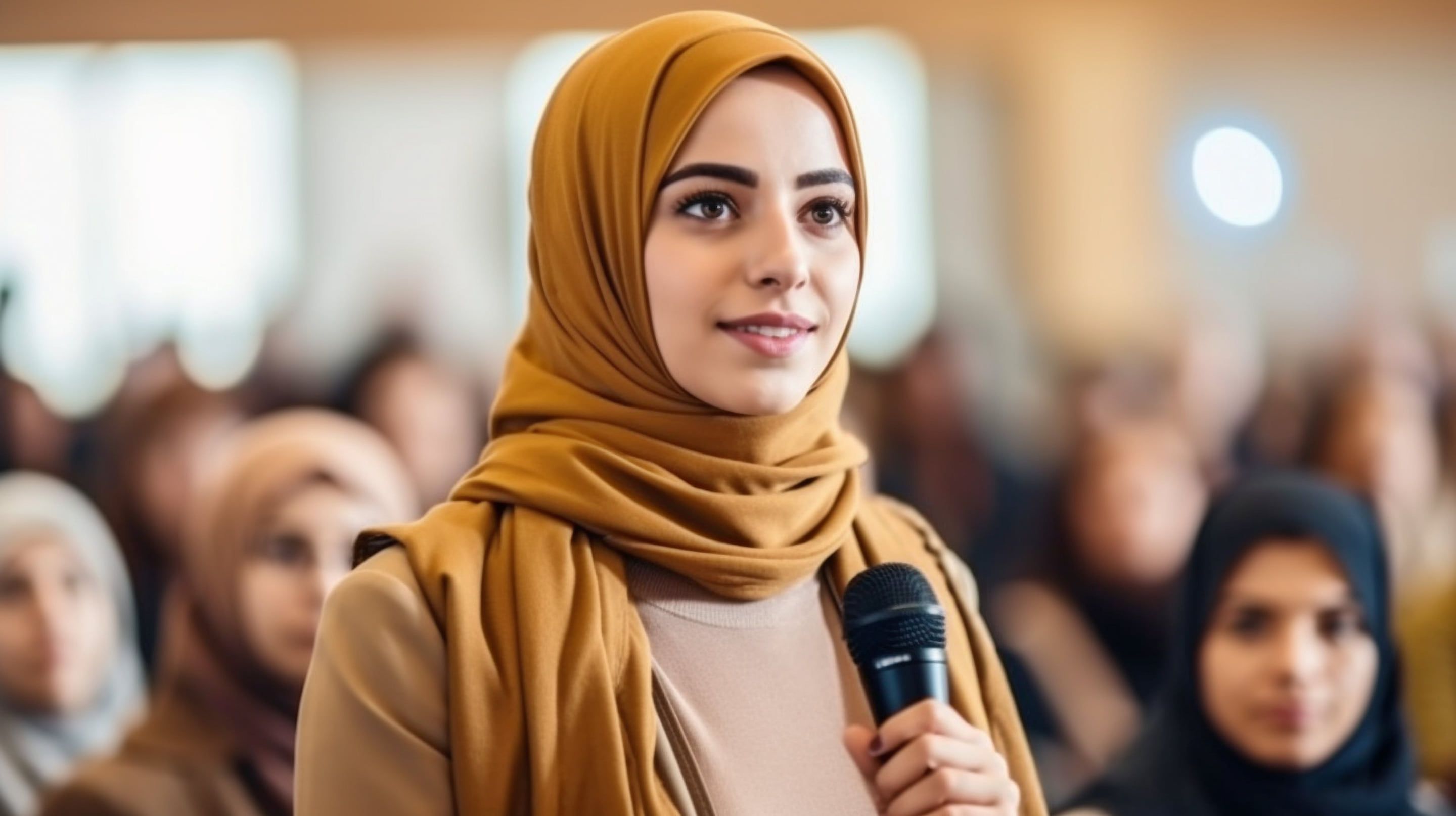 امرأة ترتدي حجاباً بلون الخردل تمسك ميكروفوناً وتتحدث وسط جمهور من النساء
